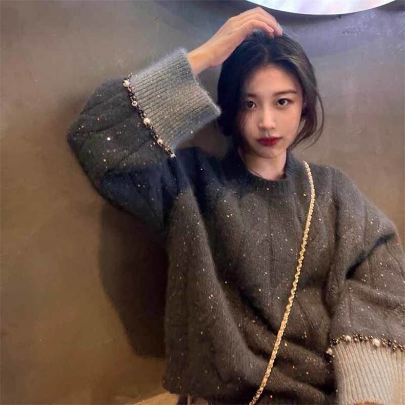 トップス ニット セーター レディース 長袖 ラメ感 Uネック フェミニン バイカラー 配色 ドッキング オーバーサイズ ニット かわいい 大人可愛い きれいめ シンプル 上品 ガーリー 個性的トップ