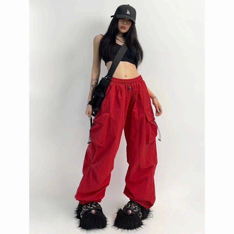 全2色 カーゴパンツ パンツ ジョガー ズボン 切り替え 体型カバー ハイウエスト ヴィンテージ風 レトロ調 HIPHOP ヒップホップ 原宿系ファッション 韓国風 ダンス 衣装 ダンサー ヒップホッ