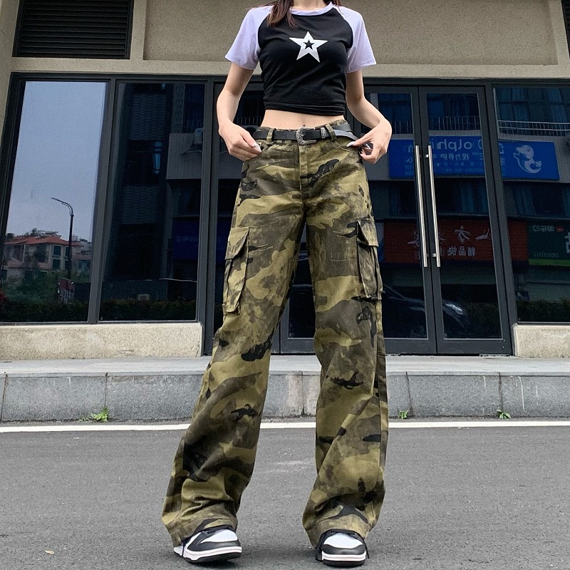 パンツ ズボン ハイウエスト 切り替え バイカラー 配色 体型カバー カモフラ 迷彩 ミリタリー ヴィンテージ風 レトロ調 大きいサイズあり 原宿系ファッション 韓国風 ダンス 衣装 ダンサー ヒップ