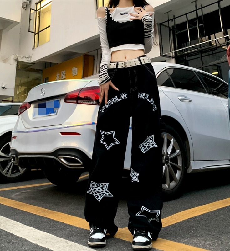 パンツ ズボン プリント 切り替え バイカラー 配色 体型カバー デニム 大きいサイズあり ヴィンテージ風 レトロ調 原宿系ファッション 韓国風 ダンス 衣装 ダンサー ヒップホップ HIPHOP 個