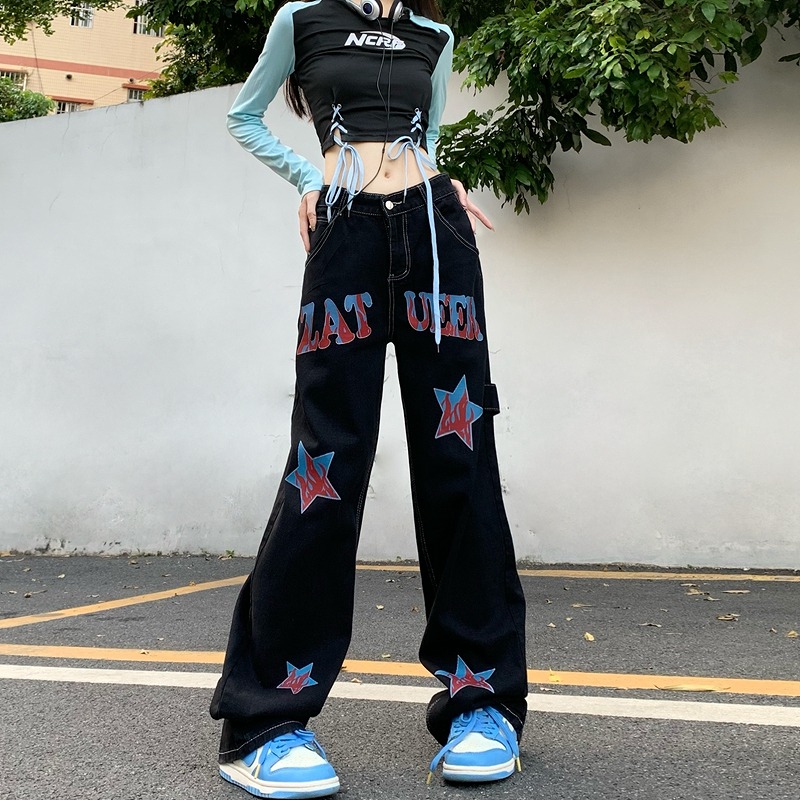 パンツ ズボン プリント 切り替え 体型カバー ガウチョパンツ ワイド バギーパンツ デニム ヴィンテージ風 レトロ調 大きいサイズあり 原宿系ファッション 韓国風 ダンス 衣装 ダンサー ヒップホッ