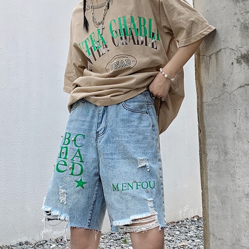 ショート ハーフパンツ ズボン 切り替え 体型カバー デニム LOGO ロゴ 英字 大きいサイズあり 原宿系ファッション 韓国風 ダンス 衣装 ダンサー ヒップホップ HIPHOP 個性 奇抜 かわい