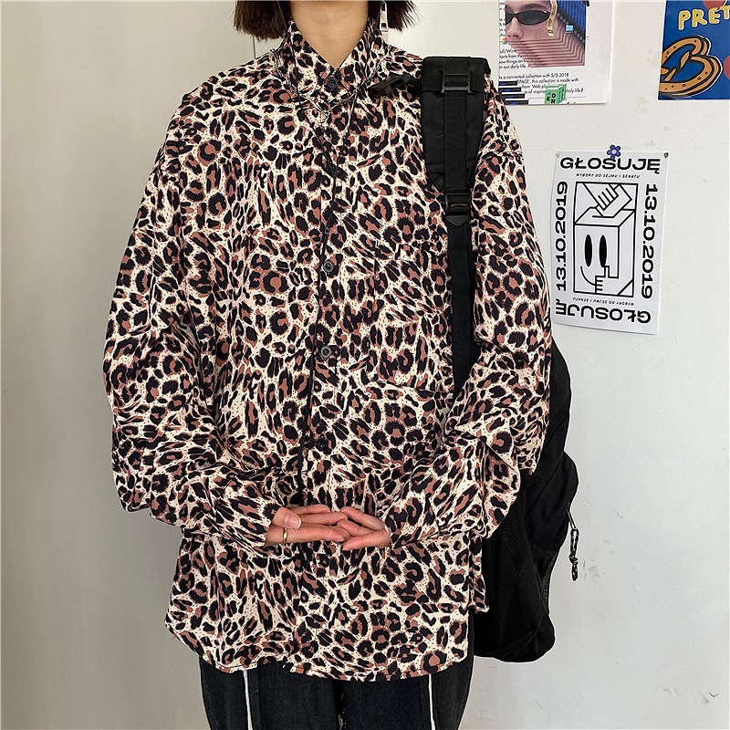 ブラウス シャツ 長袖 切り替え バイカラー 配色 体型カバー レオパード柄 ヒョウ柄 大きいサイズあり 原宿系ファッション 韓国風ダンス 衣装 ヒップホップ HIPHOP 個性 奇抜 かわいい 青文