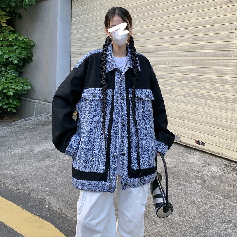 全2色 ジャケット コート 長袖 切り替え バイカラー 配色 体型カバー 大きいサイズあり 原宿系ファッション 韓国風ダンス 衣装 ヒップホップ HIPHOP 個性 奇抜 かわいい 青文字系 アウター