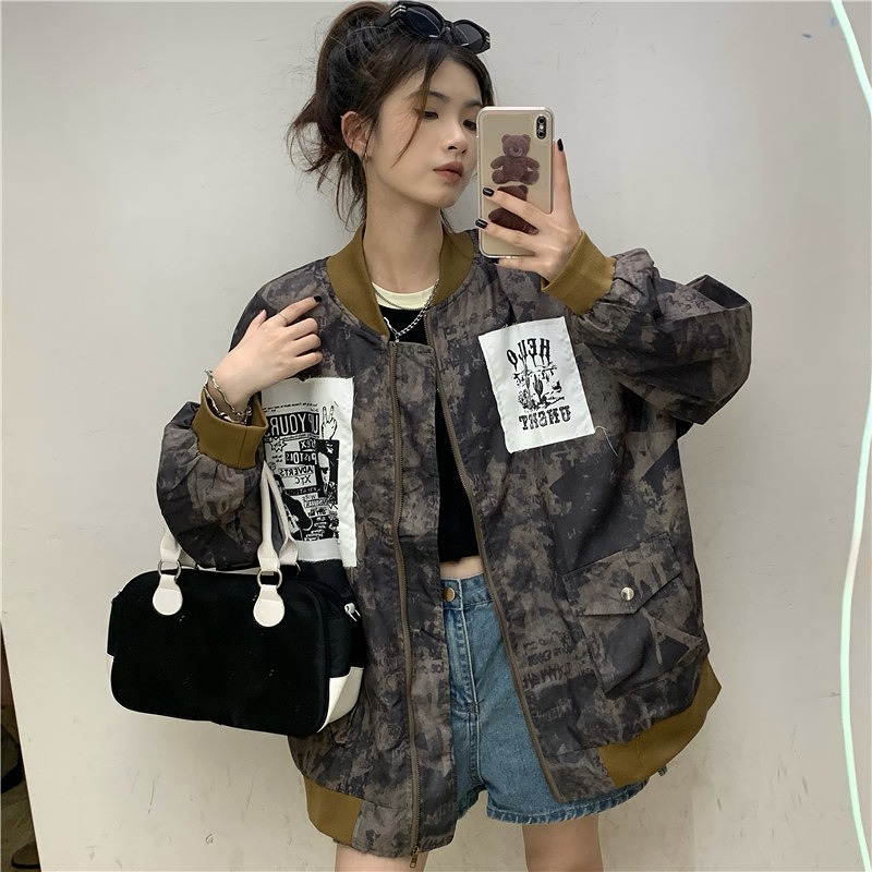 ジャケット プリント 切り替え バイカラー 配色 体型カバー ヴィンテージ風 レトロ調 ユニセックス 男女兼用 原宿系ファッション 韓国風 ダンス衣装 POP カワ 個性 奇抜 かわいい 青文字系 ア