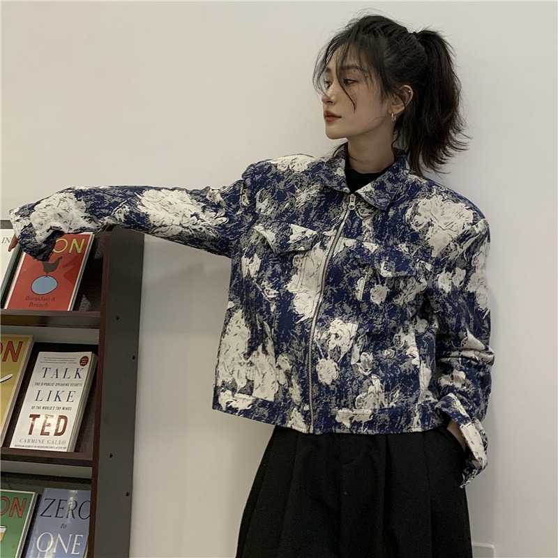 ジャケット ショート丈 長袖 バイカラー 配色 体型カバー デニム 原宿系ファッション 韓国風 ダンス衣装 POP カワ 個性 奇抜 かわいい 青文字系 アウター コート トップス レディース 女ジャ