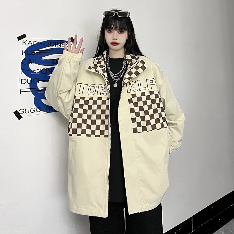 全2色 ジャケット 長袖 切り替え バイカラー 配色 体型カバー チェック柄 格子柄 ペアお揃い カップル ペアルック 大きいサイズあり 原宿系ファッション 韓国風 ダンス衣装 POP カワ 個性 奇