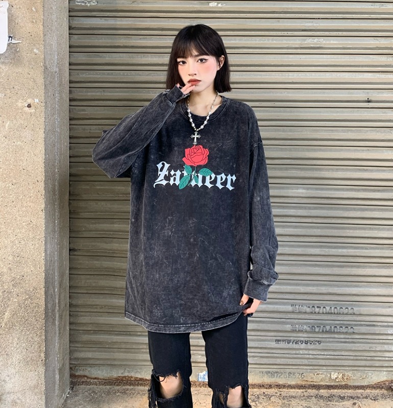 Tシャツ カットソー 長袖 切り替え バイカラー 配色 体型カバー プリント 大きいサイズあり ユニセックス 男女兼用 原宿系ファッション 韓国風 ダンス衣装 POP カワ 個性 奇抜 かわいい 青文