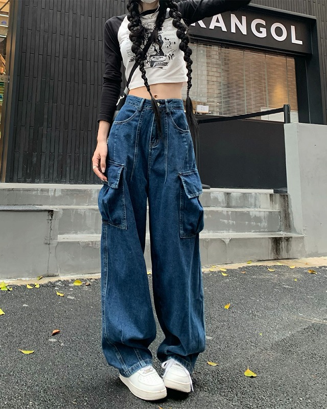 全2色 パンツ ズボン ハイウエスト 切り替え 体型カバー デニム 原宿系ファッション 韓国風 ダンス 衣装 ダンサー ヒップホップ HIPHOP 個性 奇抜 かわいい 青文字系 ボトムス レディース