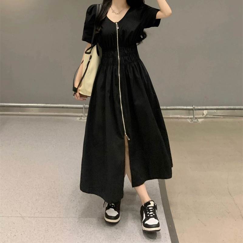 レディース スカート ワンピース 前開き ロングスカート ロング丈 半袖 パフスリーブ Vネック フレア スリム Aライン ストリート ファスナー ジップアップ 大人可愛い シンプルレディース スカー
